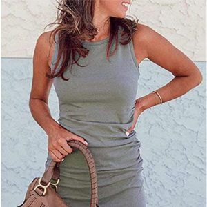 Women Casual Crew Neck Ruched Sleeveless Dress